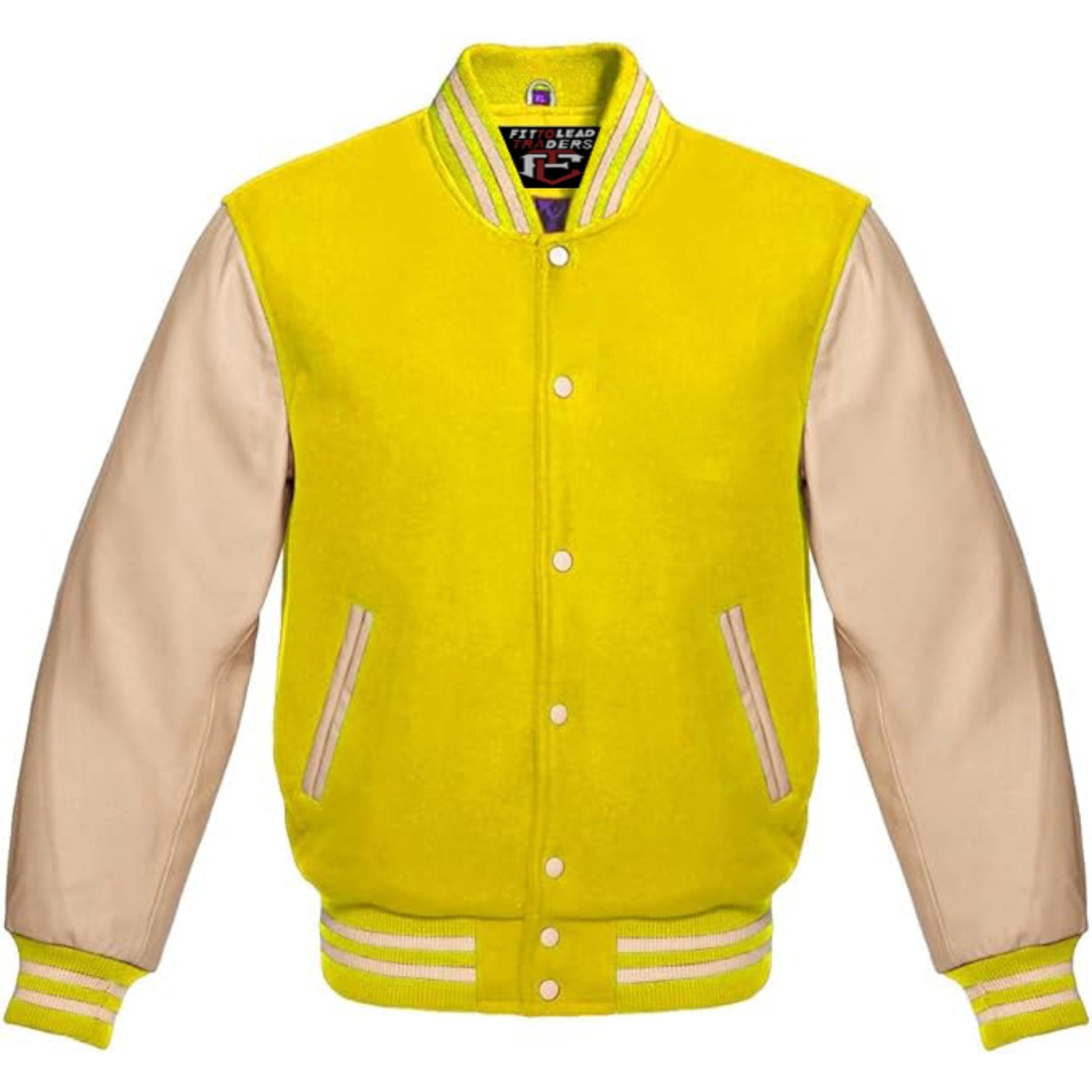 Yellow and beige varsity jacket with a brand label on a white background