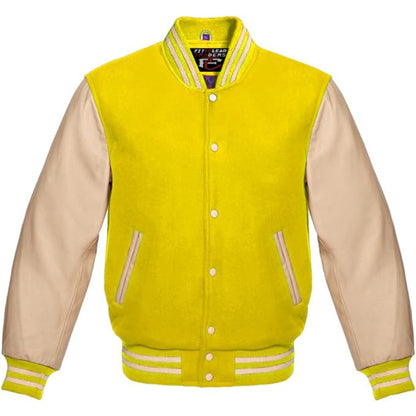Yellow and beige varsity jacket with a brand label on a white background