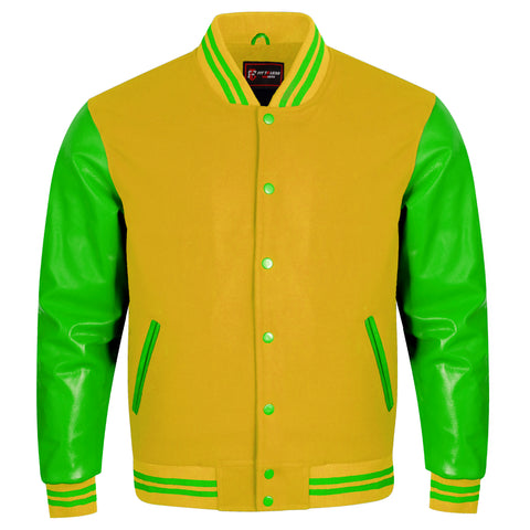 A varsity-style jacket with a mustard yellow body and bright green sleeves, collar trim, and zipper accents, shown on a plain white background.