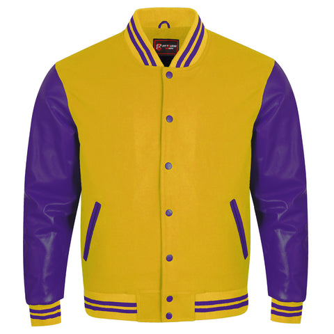 A varsity-style jacket with a mustard yellow body and bright green sleeves, collar trim, and zipper accents, shown on a plain white background.