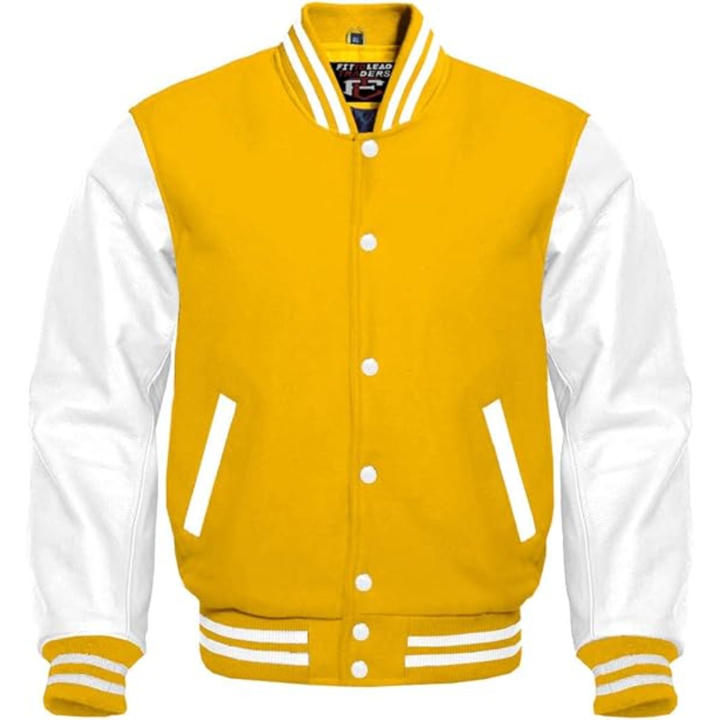 Yellow and white varsity jacket with brand logo on a white background