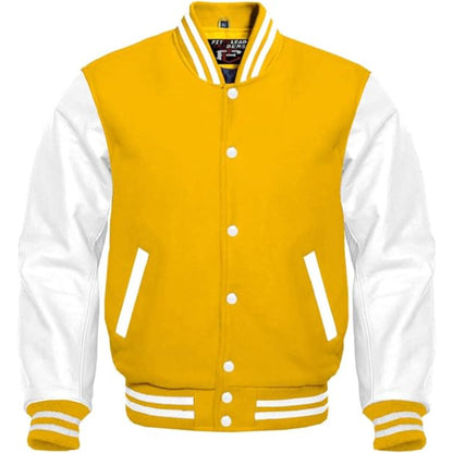 Yellow and white varsity jacket with brand logo on a white background