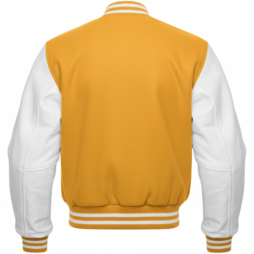 Yellow and white varsity jacket on a white background