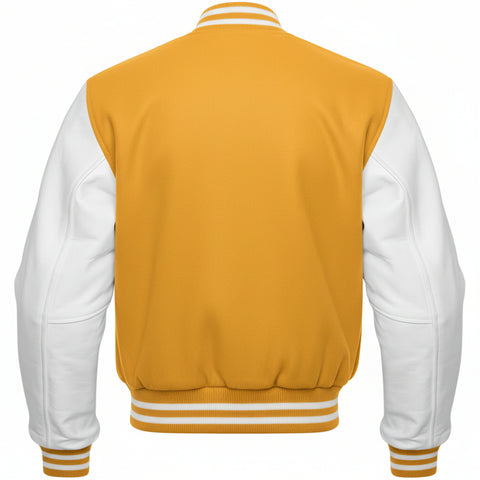 Yellow and white varsity jacket on a white background