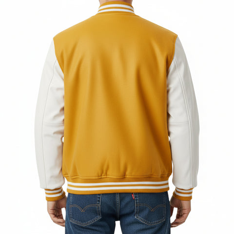 Yellow and white varsity jacket worn by a person on a white background
