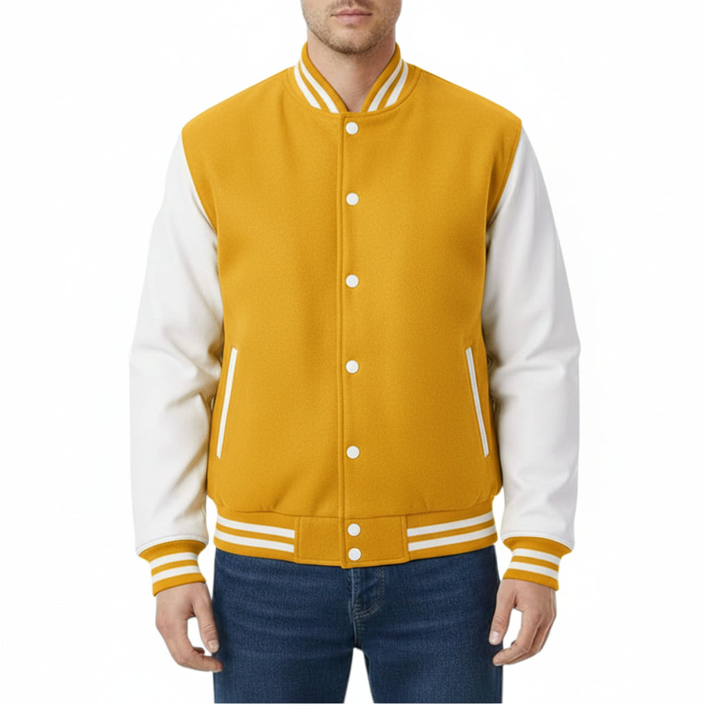 Yellow and white varsity jacket worn by a person on a white background