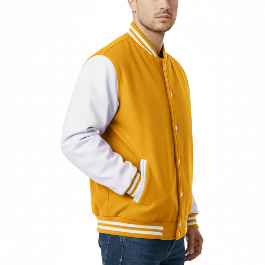 Yellow varsity jacket with white sleeves on a white background