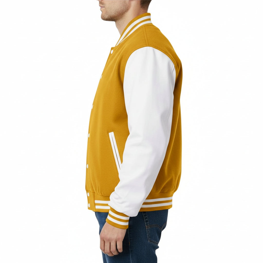 Yellow and white varsity jacket worn by a person on a white background