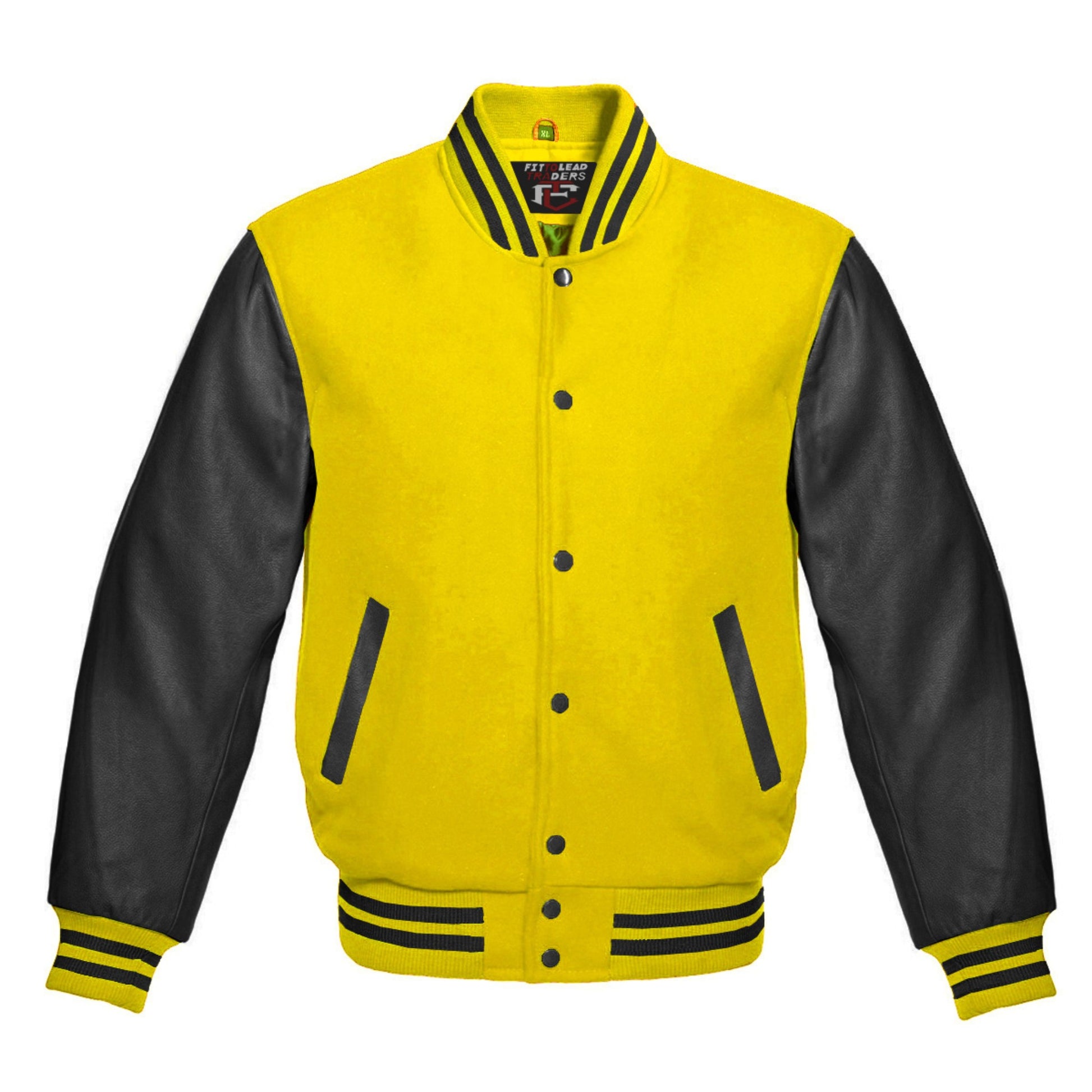 Yellow and black varsity jacket with leather sleeves on a white background