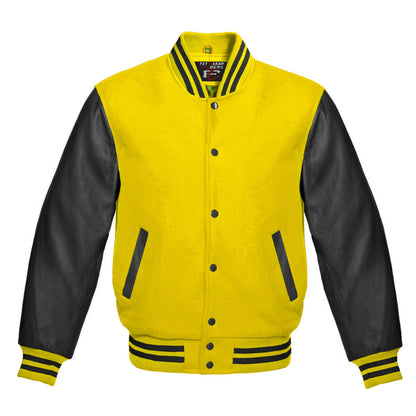 Yellow and black varsity jacket with leather sleeves on a white background