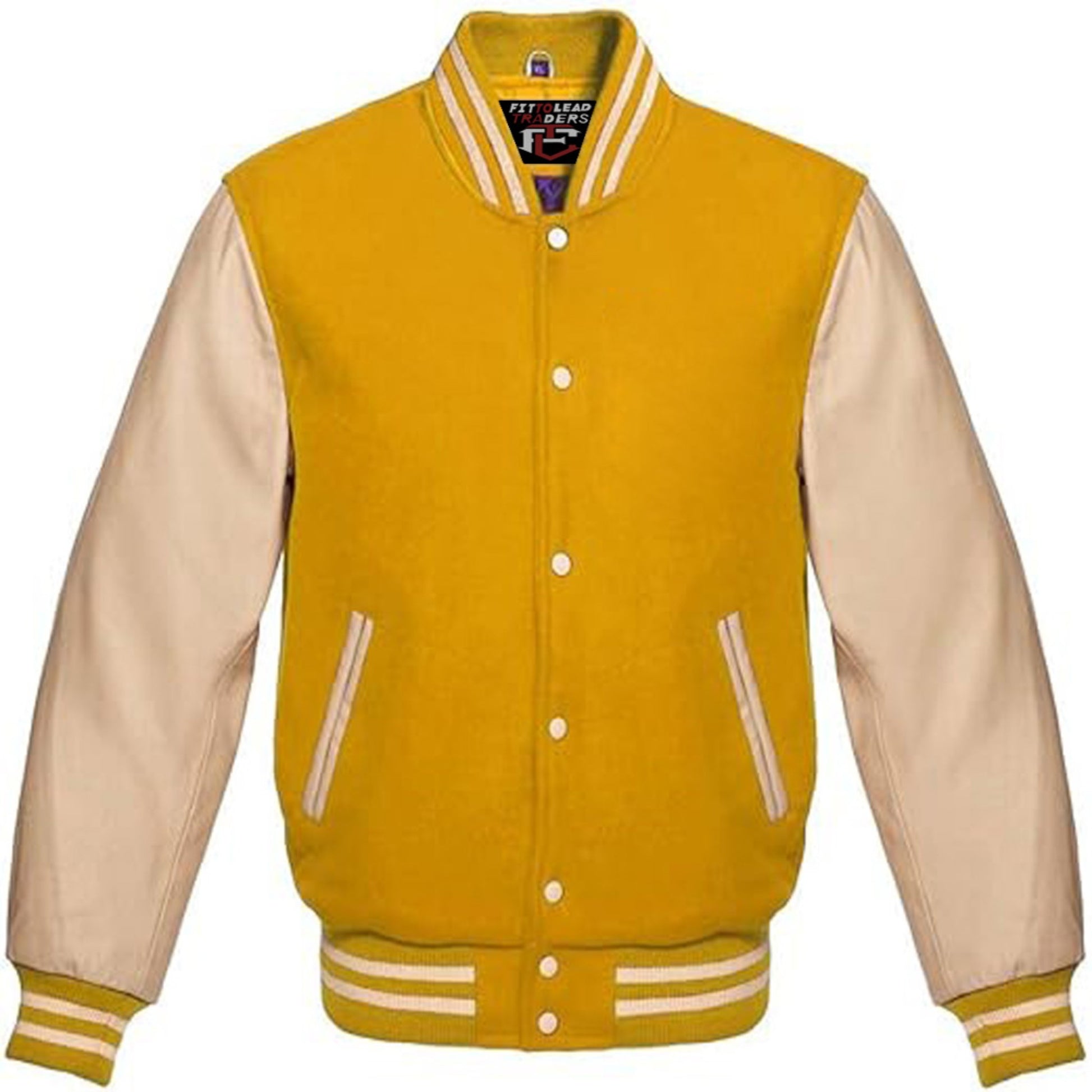 Yellow and beige varsity jacket with brand label on a white background