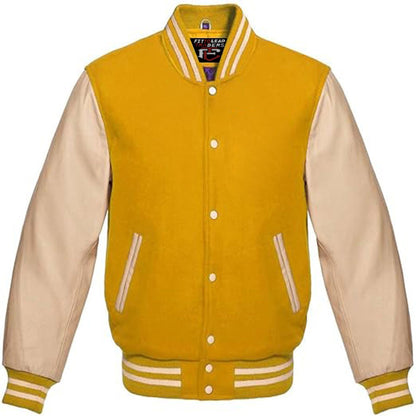 Yellow and beige varsity jacket with brand label on a white background