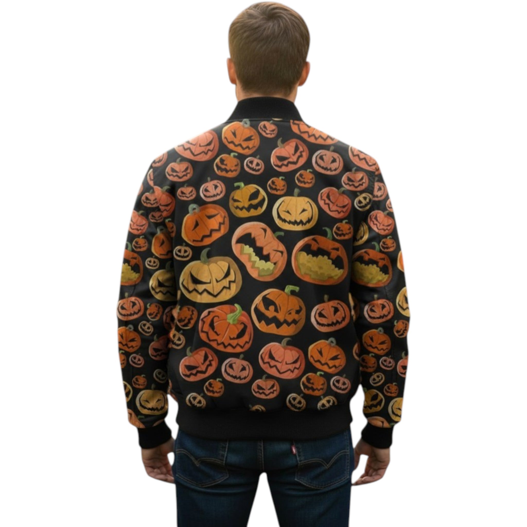 Person wearing a black sweater with Halloween pumpkin pattern on a white background