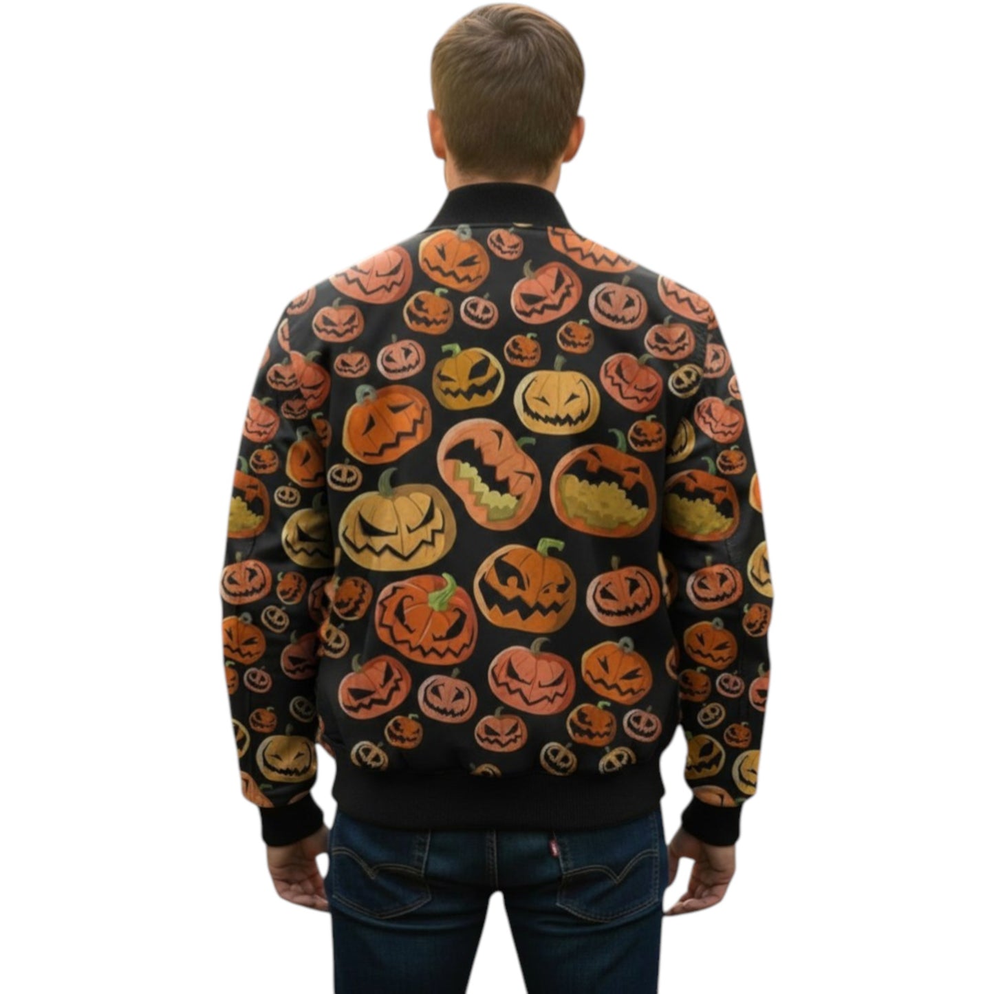 Person wearing a black sweater with Halloween pumpkin pattern on a white background