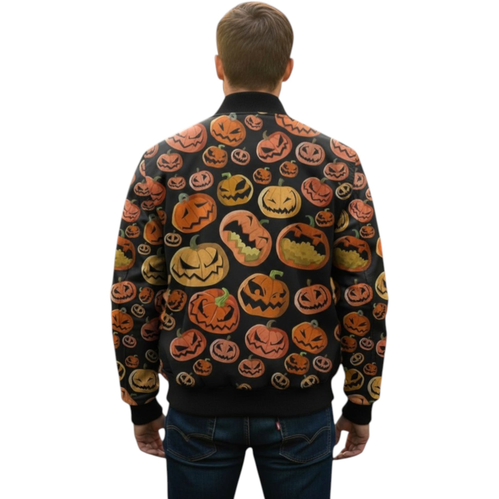 Person wearing a black sweater with Halloween pumpkin pattern on a white background
