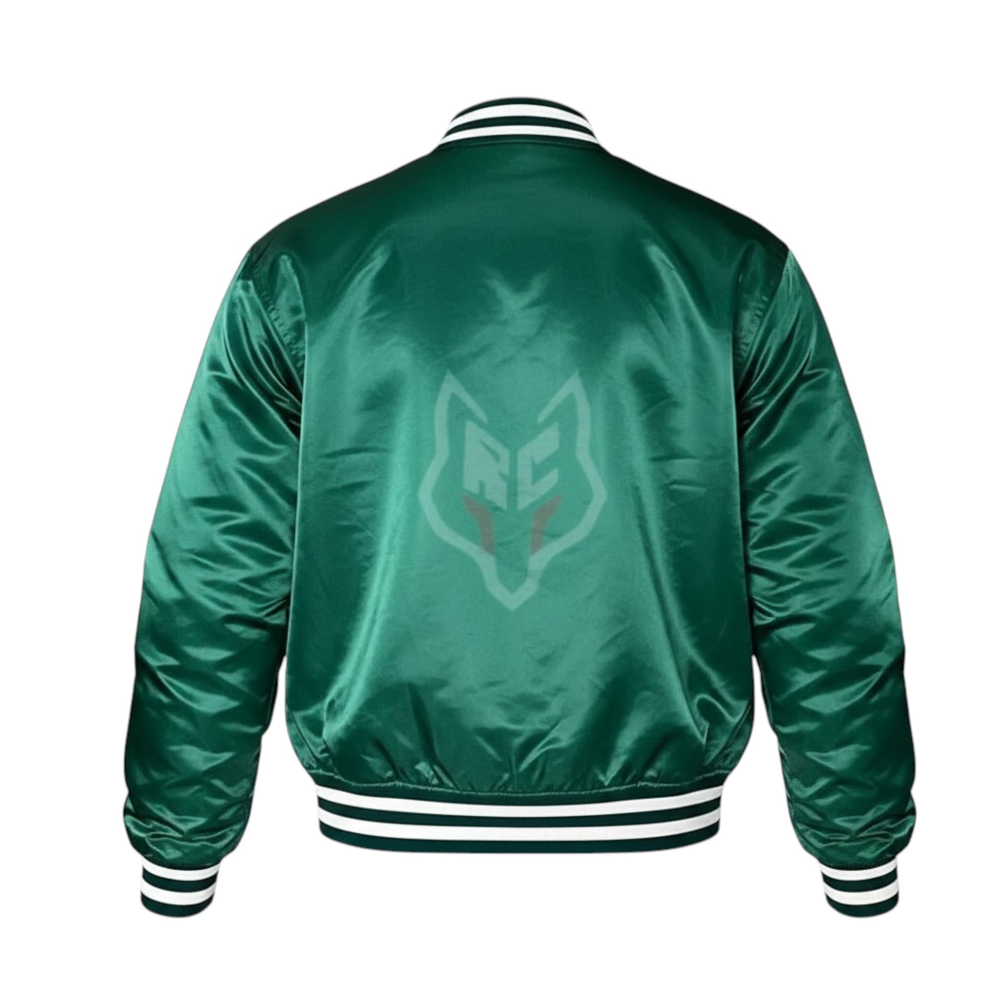 Green satin jacket with a logo on the back against a white background