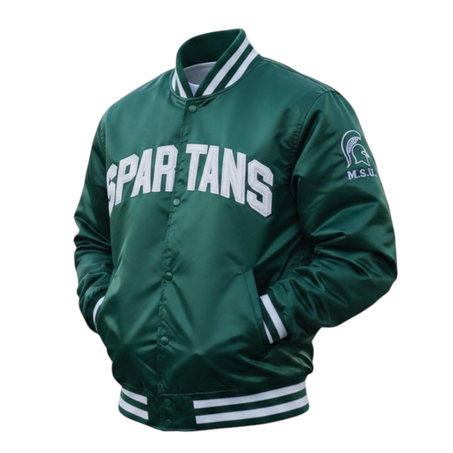 Green jacket with 'SPARTANS' text and logo on a white background