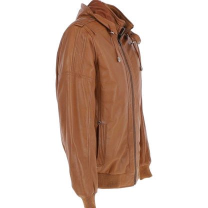 Premium Cognac Leather Hooded Blouson Jacket for Men