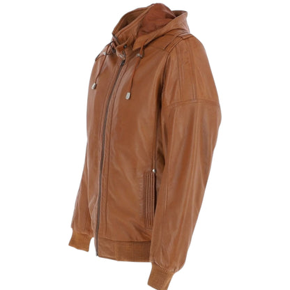 Premium Cognac Leather Hooded Blouson Jacket for Men