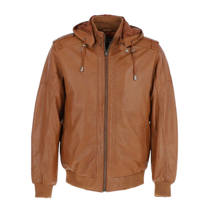 Premium Cognac Leather Hooded Blouson Jacket for Men