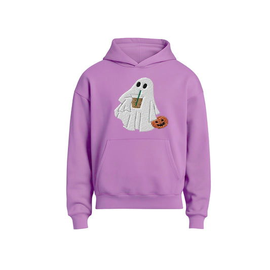 Purple hoodie with a ghost design holding a drink and a pumpkin on a white background