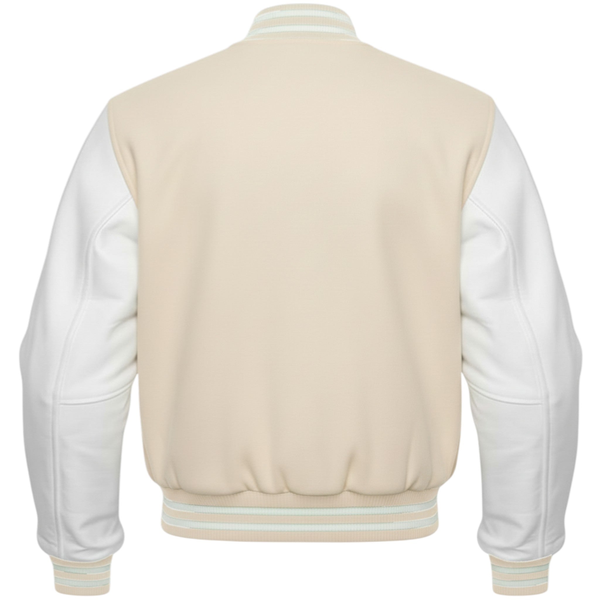 cream and white varsity jacket on a white background
