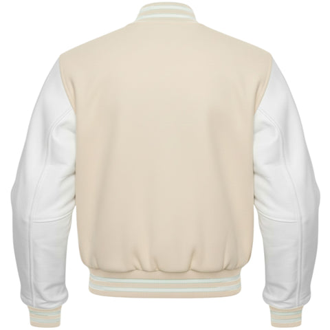 cream and white varsity jacket on a white background