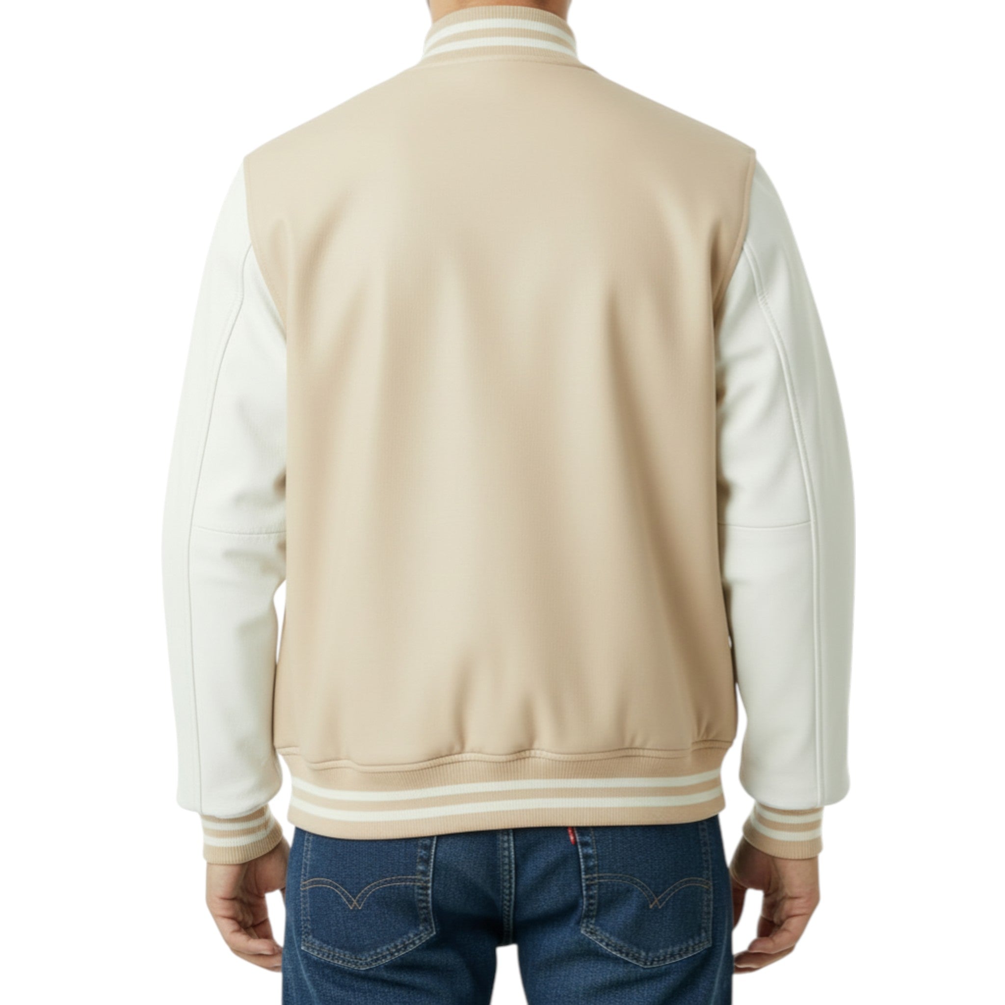 cream and white varsity jacket worn by a person on a white background