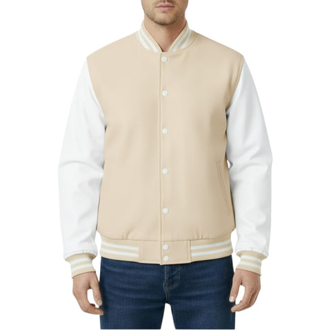 cream and white varsity jacket worn by a person on a white background