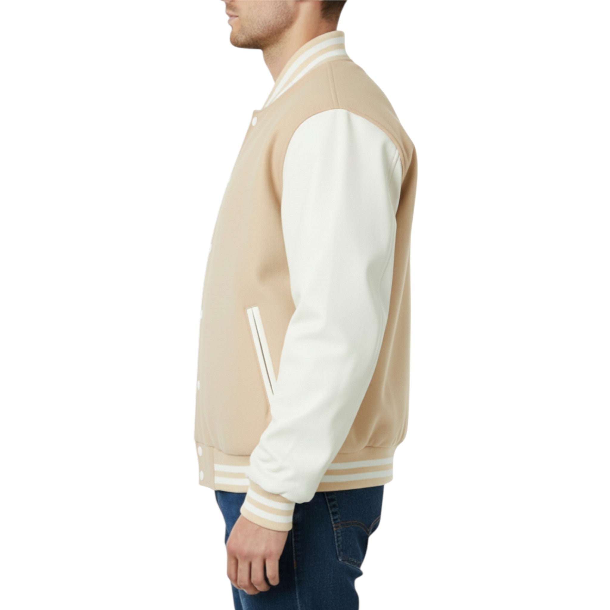 cream and white varsity jacket worn by a person on a white background