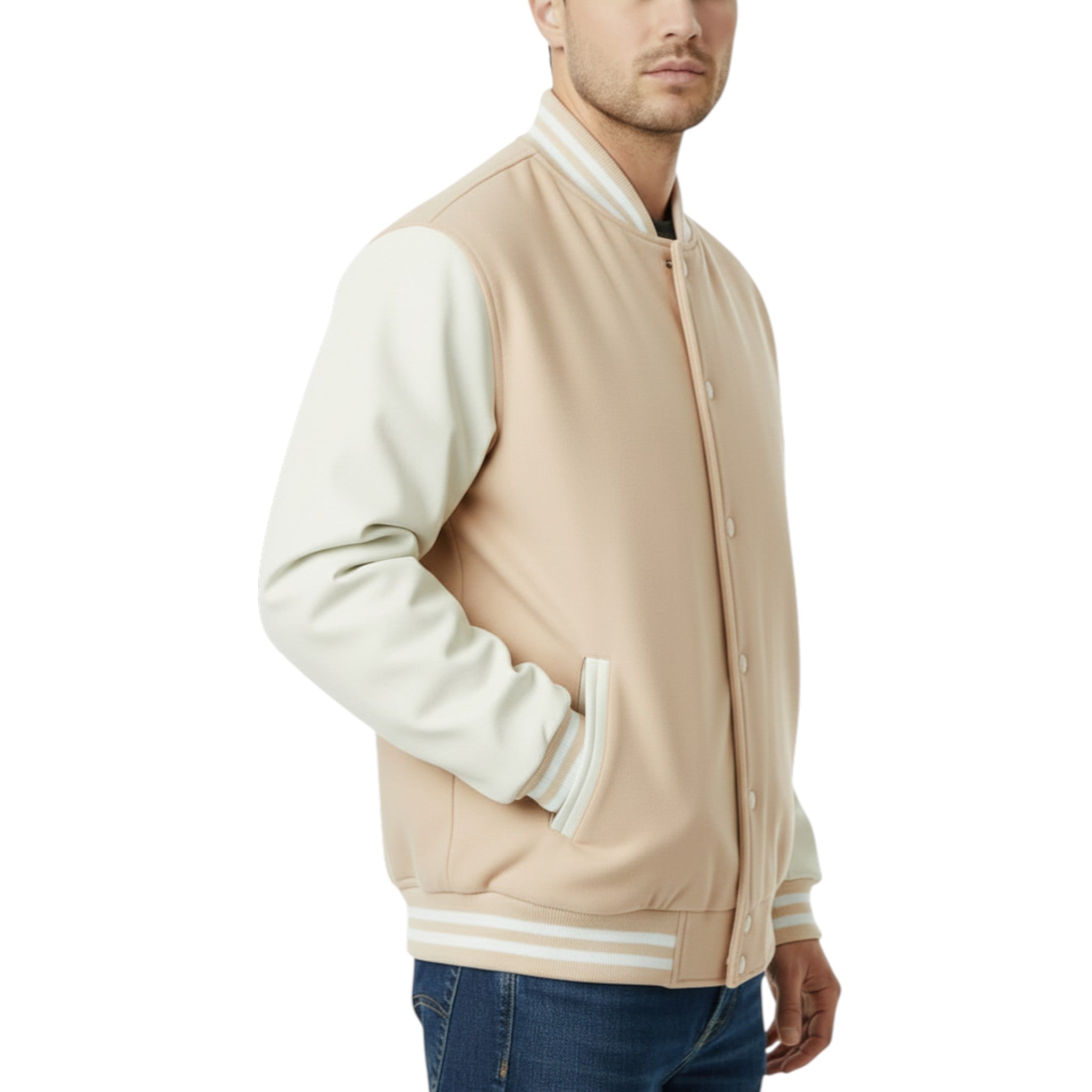 Man wearing a cream and white varsity jacket on a white background