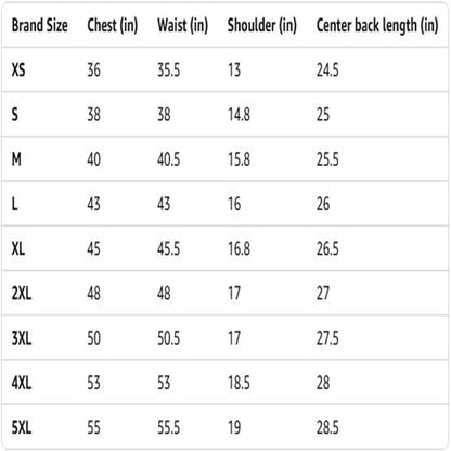 Table displaying brand size chart with measurements for chest, waist, shoulder, and center back length.