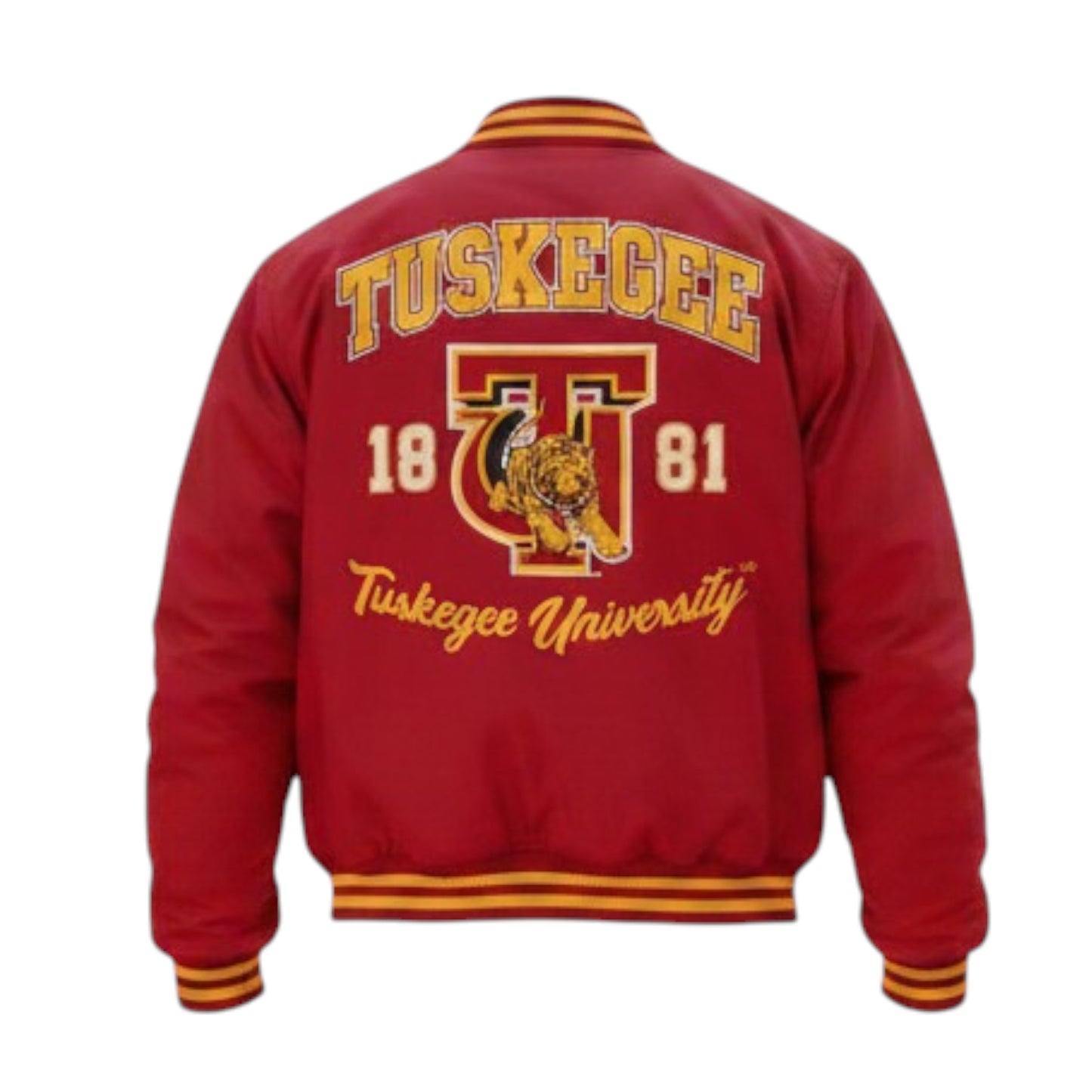 Red letterman jacket with Tuskegee University logo and text on a white background
