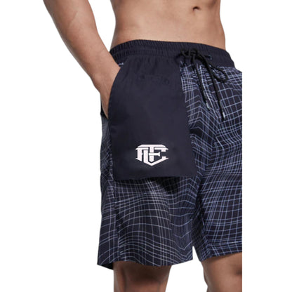 Navy checkered shorts with a logo on a white background
