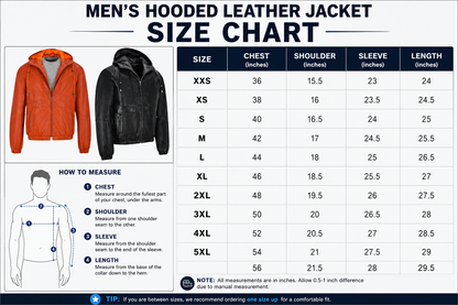 Men's hooded leather jacket size chart with measurements and examples of sizes.