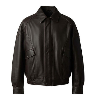 Fit to lead Traders brown genuine leather bomber jacket with ribbed cuffs and collar, 90s style.