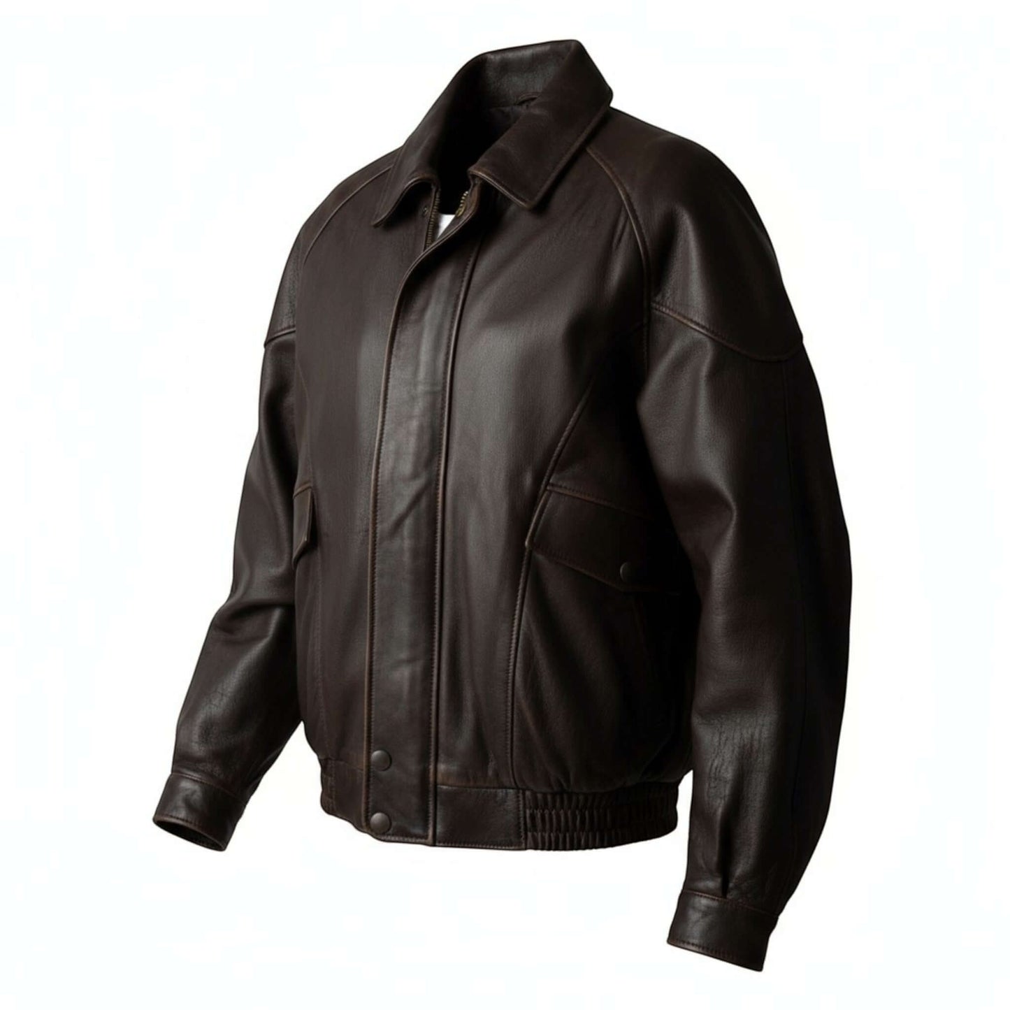 Fit to lead Traders brown genuine leather bomber jacket with ribbed cuffs and hem, classic 90s style.