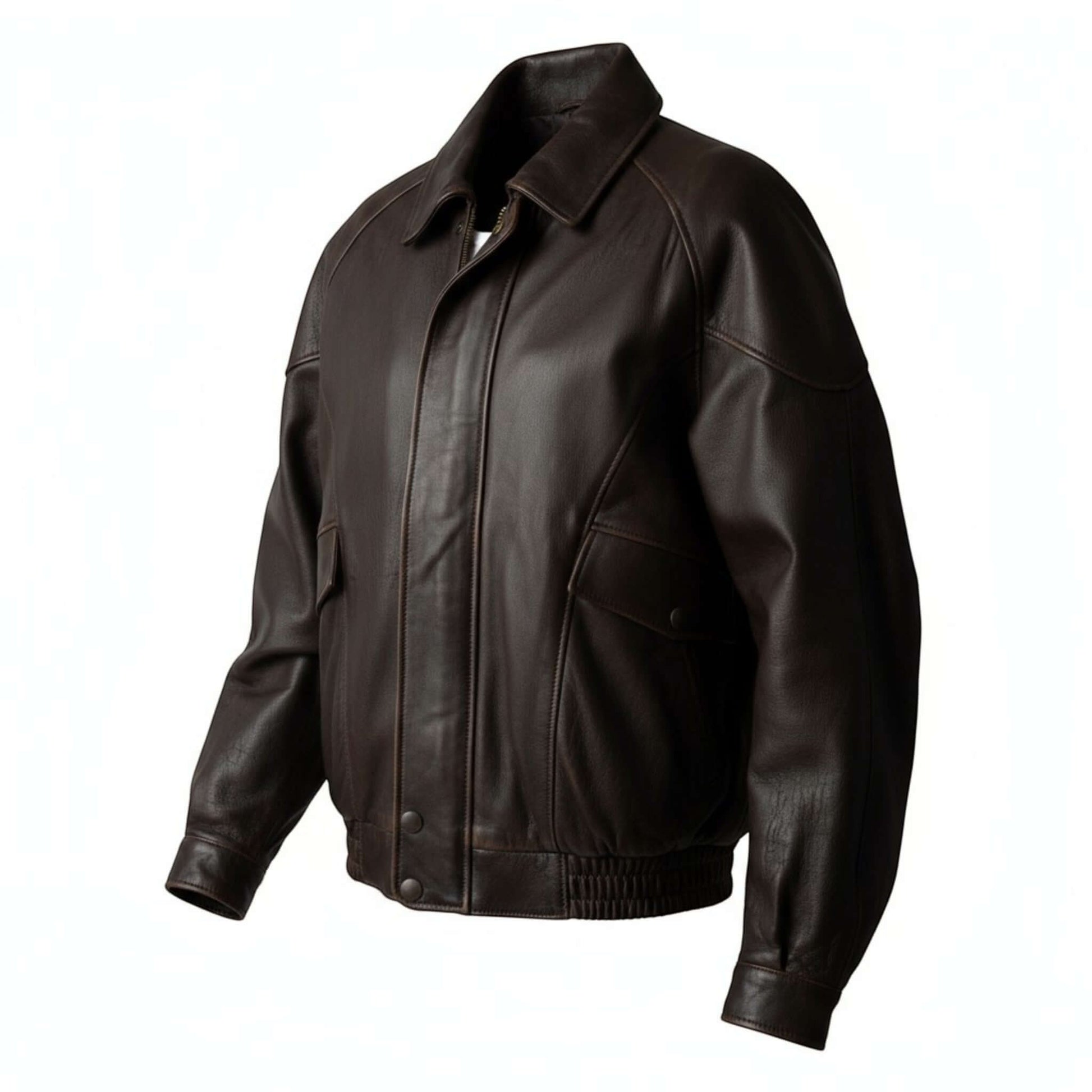 Fit to lead Traders brown genuine leather bomber jacket with ribbed cuffs and hem, classic 90s style.