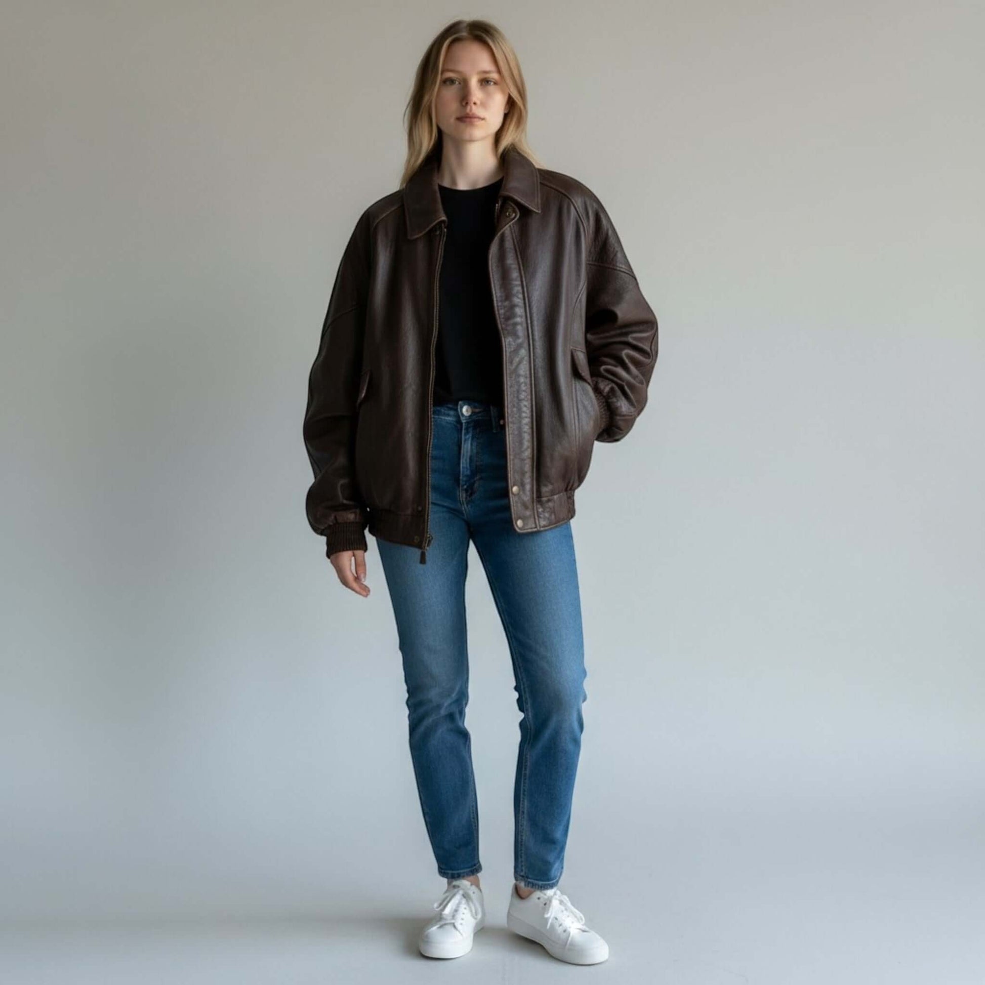 Fit to Lead Traders brown genuine leather bomber jacket with ribbed cuffs and hem, worn by a woman with jeans.
