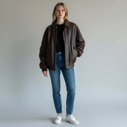 Fit to Lead Traders brown genuine leather bomber jacket with ribbed cuffs and hem, worn by a woman with jeans.