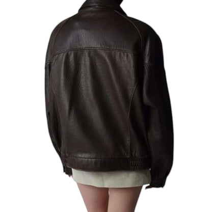 Fit to lead Traders brown genuine leather bomber jacket with ribbed cuffs and hem, 90s style.