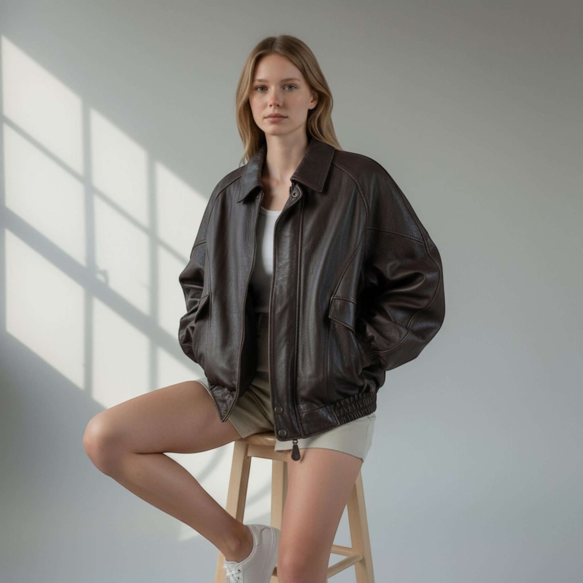 Fit to lead Traders brown genuine leather bomber jacket with ribbed cuffs and collar, 90s oversized fit.