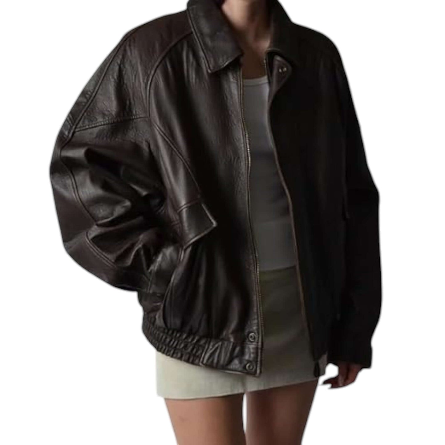 Fit to lead Traders brown genuine leather bomber jacket with ribbed cuffs and hem, 90s oversized silhouette.