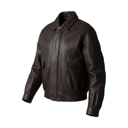 Fit to lead Traders brown genuine leather bomber jacket with ribbed cuffs and hem, 90s style.
