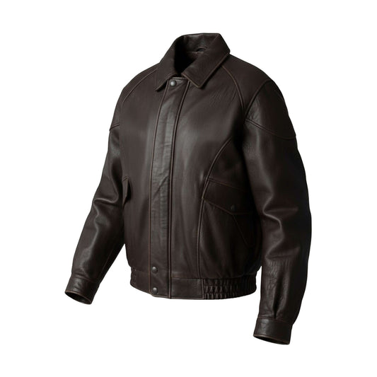 Fit to lead Traders brown genuine leather bomber jacket with ribbed cuffs and hem, 90s style.