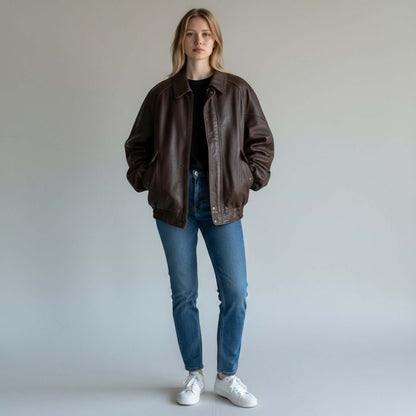 Fit to lead Traders brown genuine leather 90s oversized bomber jacket with ribbed cuffs and hem, worn by a woman with blue jeans and white sneakers.