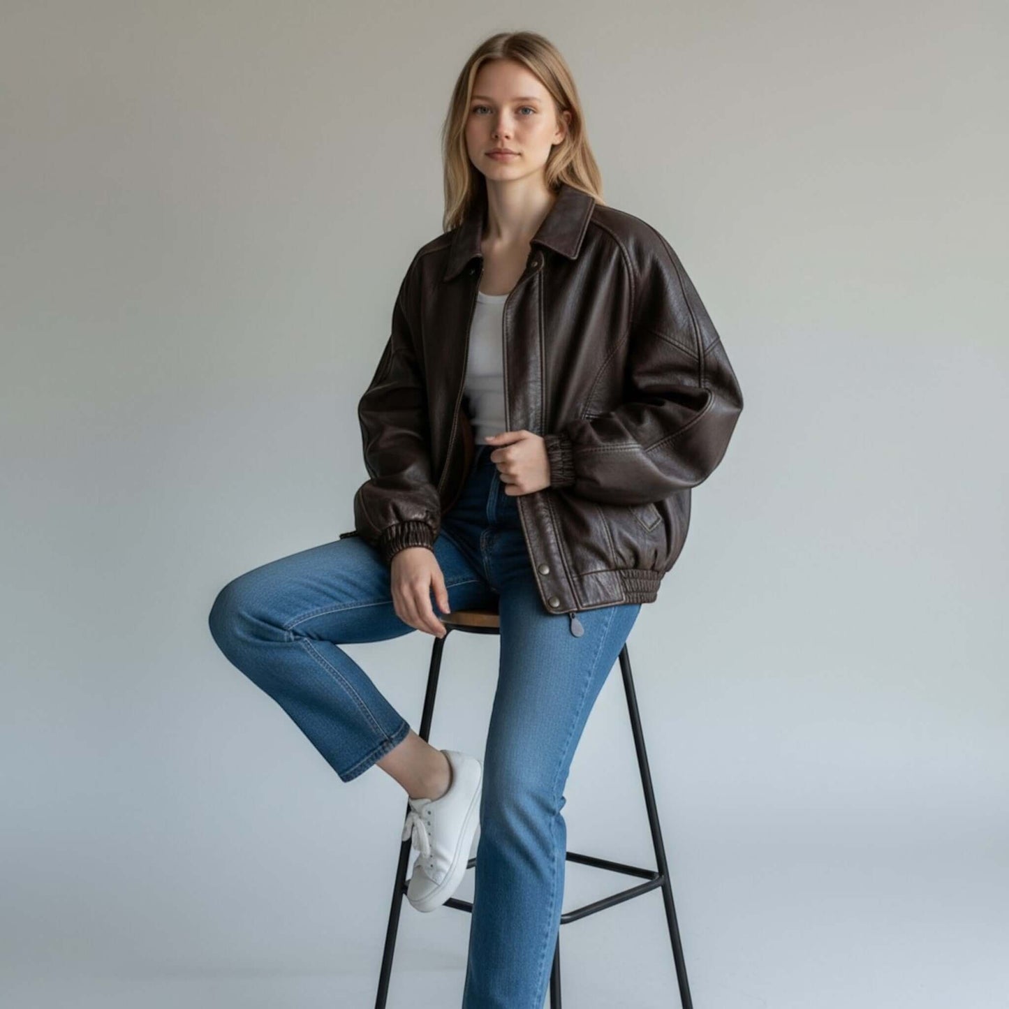 Fit to lead Traders brown genuine leather bomber jacket with ribbed cuffs and hem, worn by a woman with jeans and white sneakers.