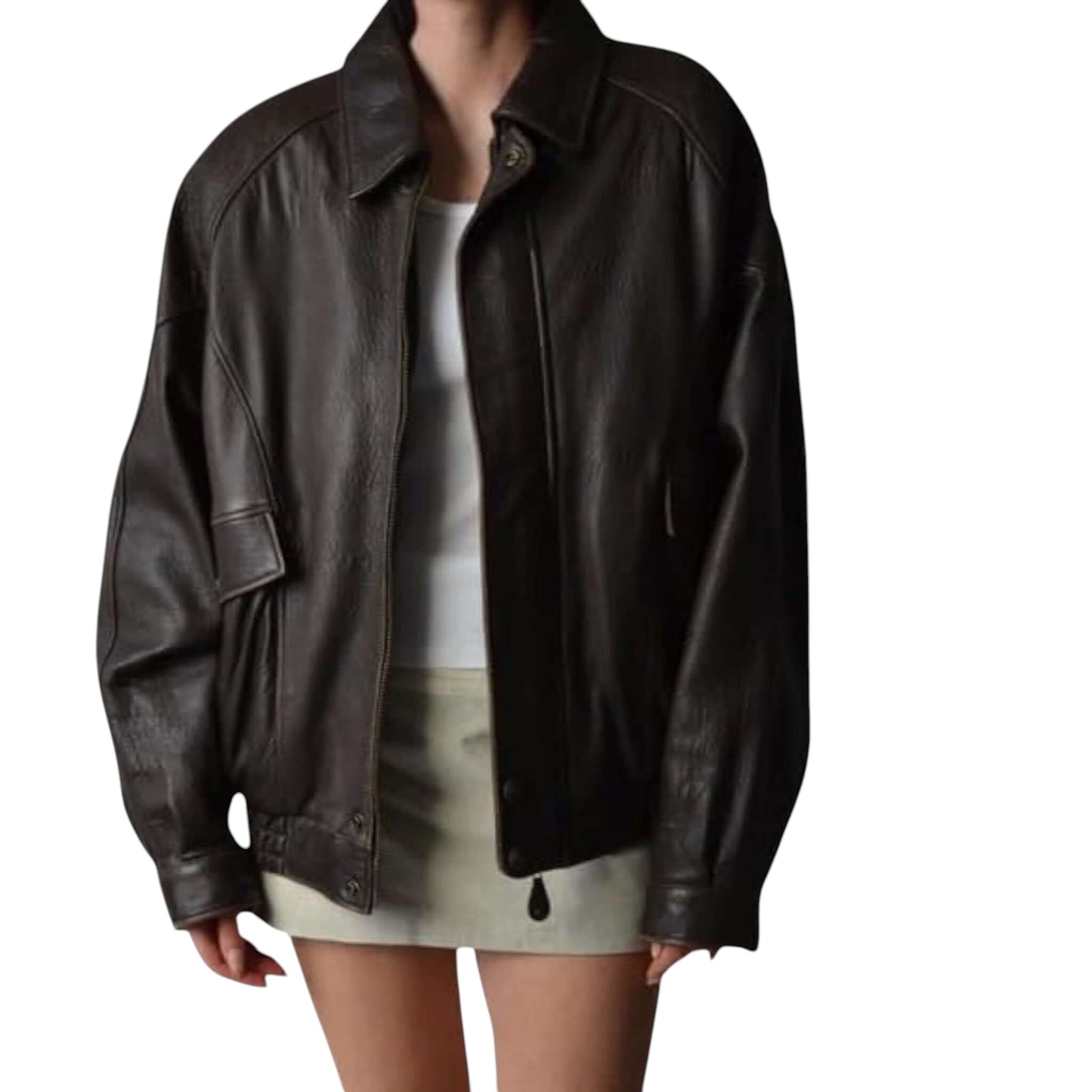 Fit to lead Traders brown genuine leather bomber jacket with ribbed cuffs and hem, 90s oversized silhouette.