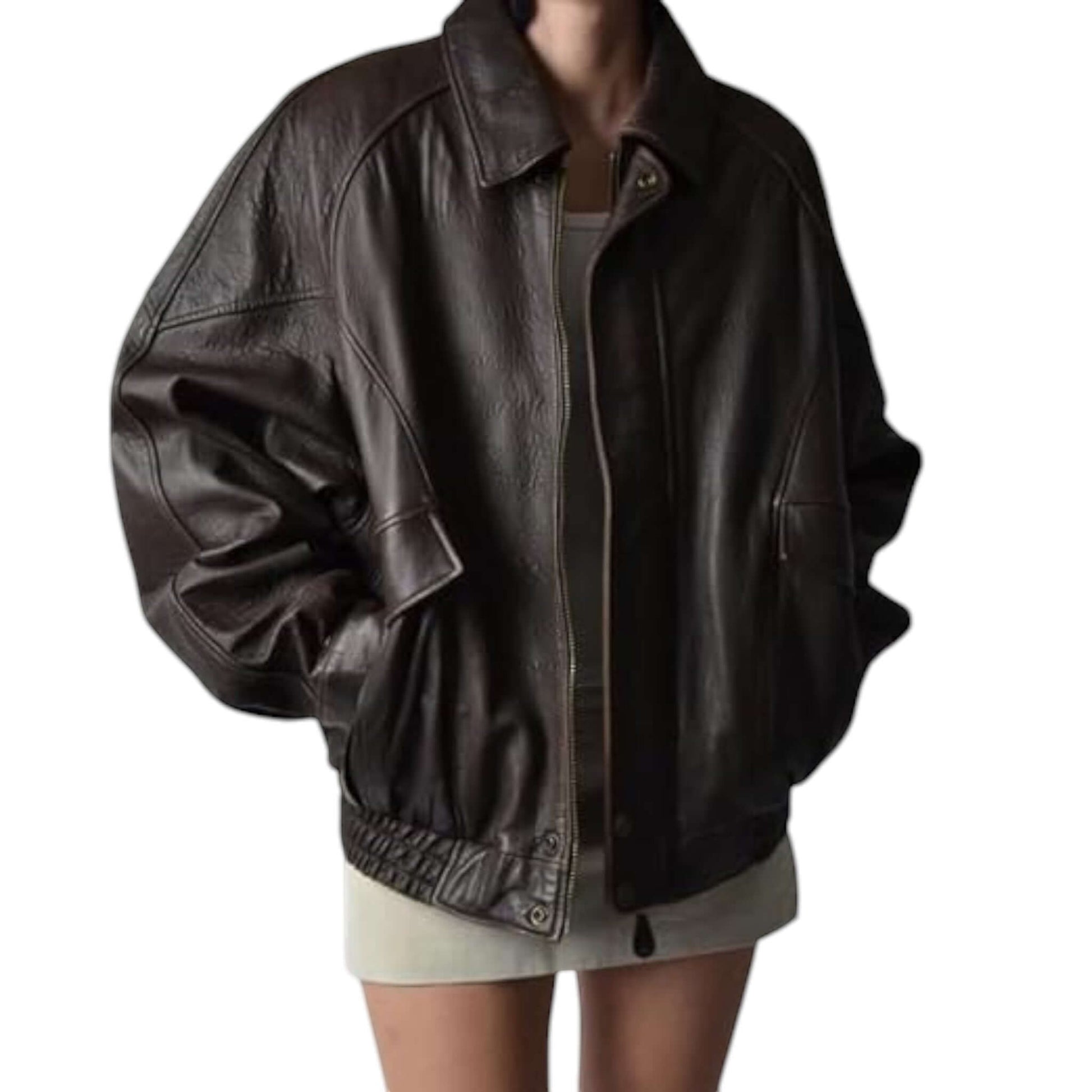 Fit to lead Traders brown genuine leather bomber jacket with ribbed cuffs and hem, 90s oversized silhouette.