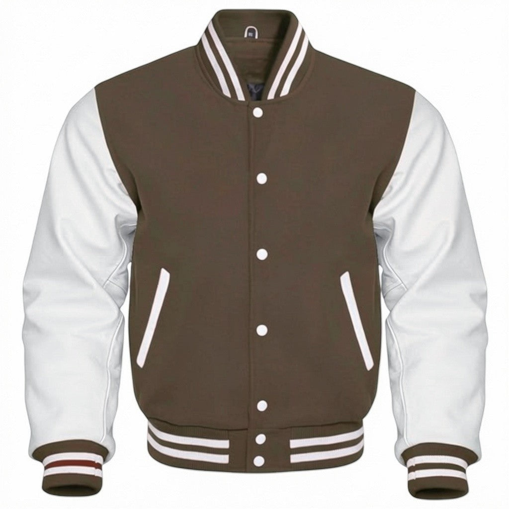 Fit to lead Traders unisex brown varsity jacket with white sleeves, ribbed collar, cuffs, and hem, and white snap buttons.